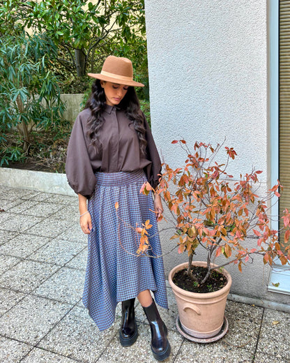Jupe asymétrique à carreaux bleu et marron taille smockée OR SHÉLI