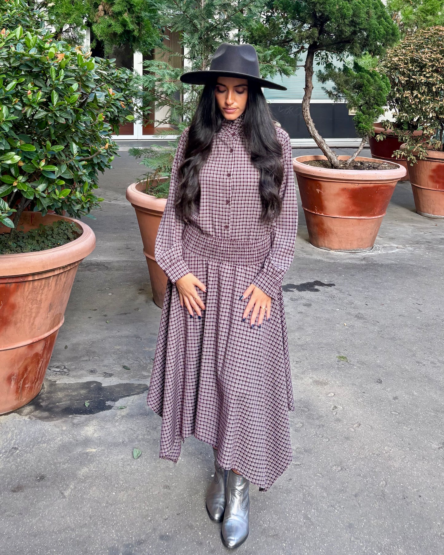 Jupe asymétrique à carreaux prune et blanc taille smockée OR SHÉLI