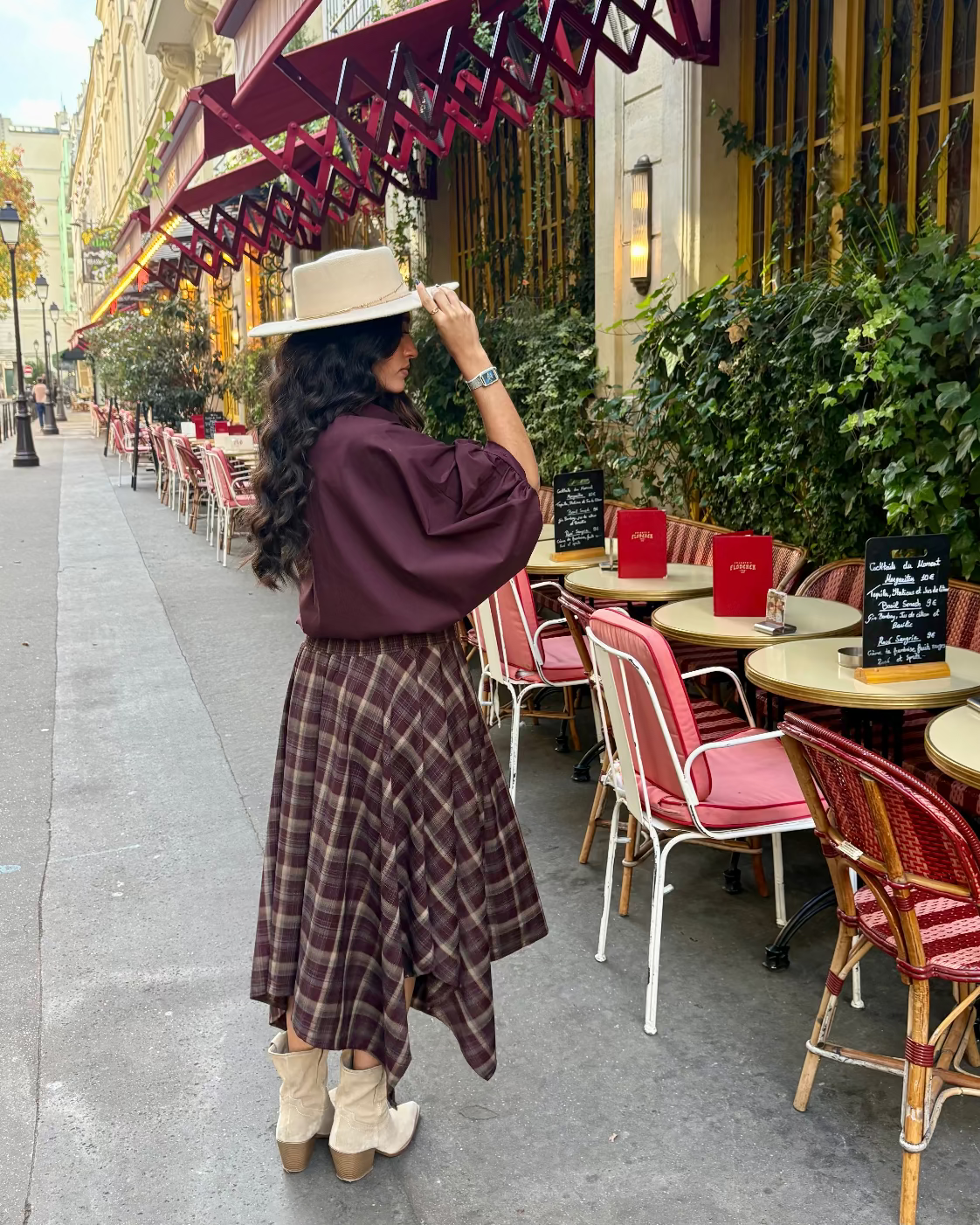 Jupe longue asymétrique à carreaux bordeaux et crème - OR SHÉLI