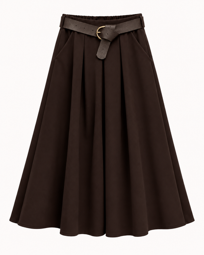 Jupe midi plissée chocolat avec ceinture OR SHÉLI