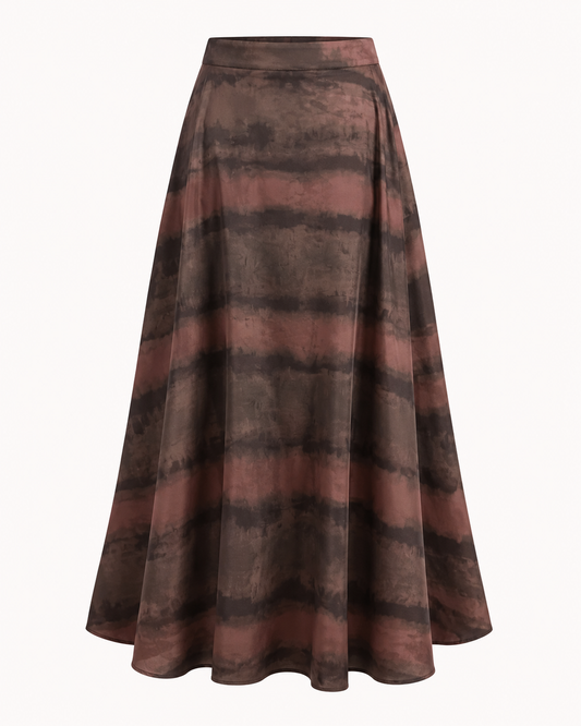 Jupe longue fluide tie-dye terracotta et brun, coupe évasée maxi taille unique – OR SHÉLI