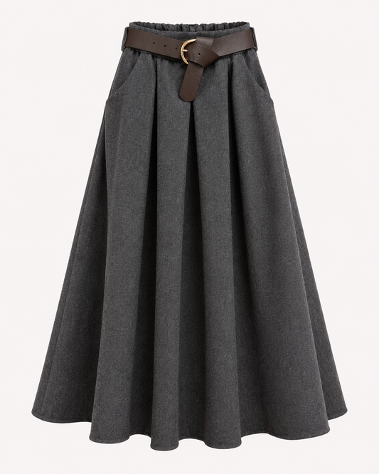Jupe longue plissée gris anthracite avec ceinture marron OR SHÉLI