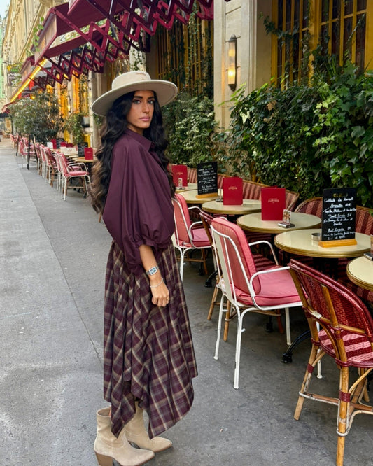Jupe longue asymétrique à carreaux bordeaux et crème - OR SHÉLI