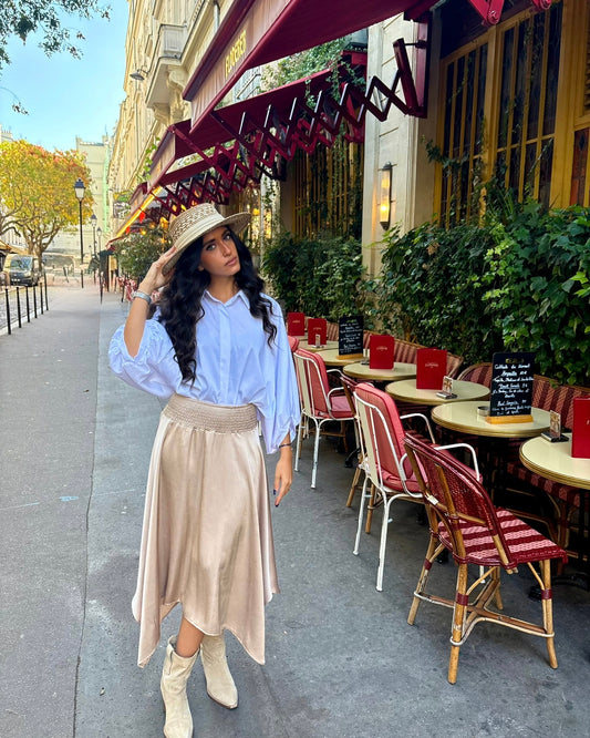 Jupe longue asymétrique champagne taille smockée - OR SHÉLI