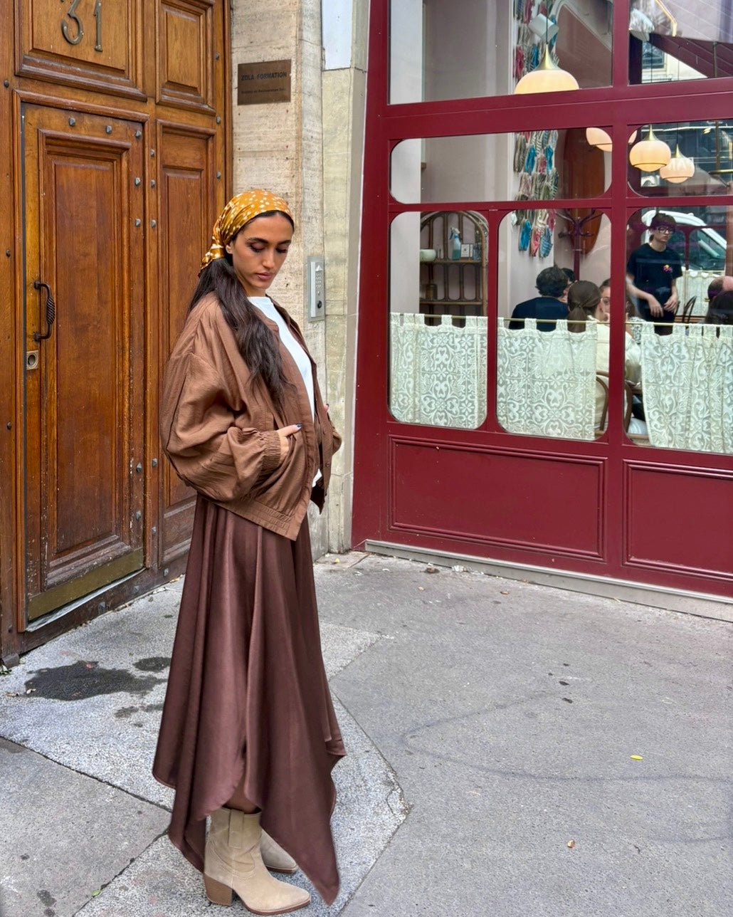 Jupe longue asymétrique marron taille smockée - OR SHÉLI