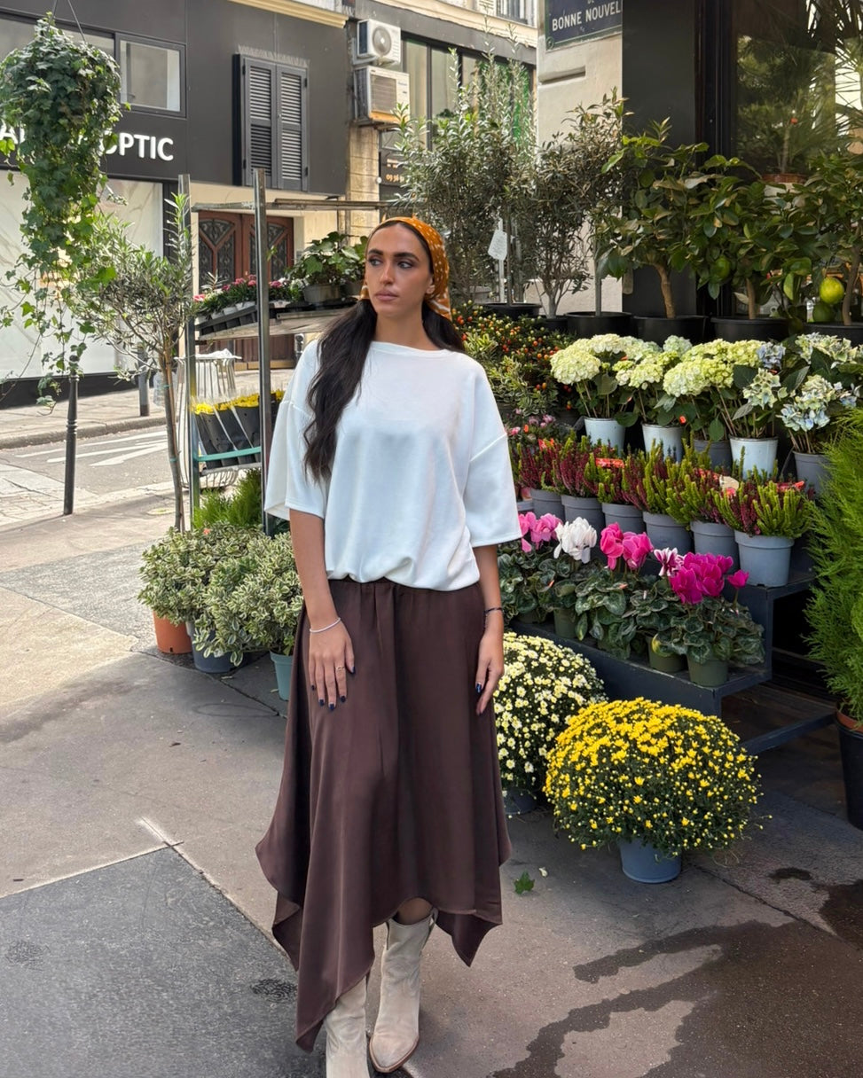 Jupe longue asymétrique marron taille smockée - OR SHÉLI