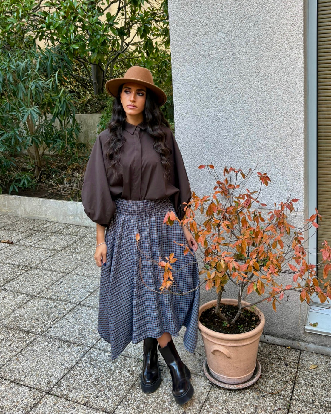 Jupe asymétrique à carreaux bleu et marron taille smockée OR SHÉLI