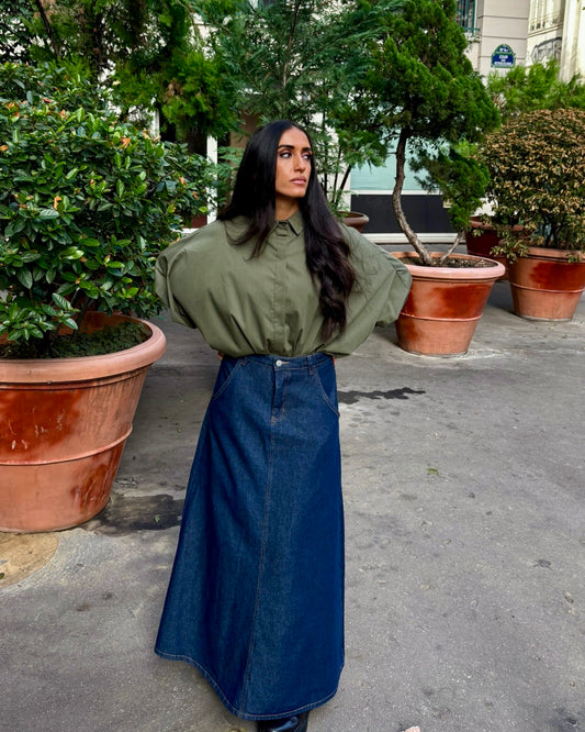 Jupe longue évasée denim bleu jean 100% coton – OR SHÉLI