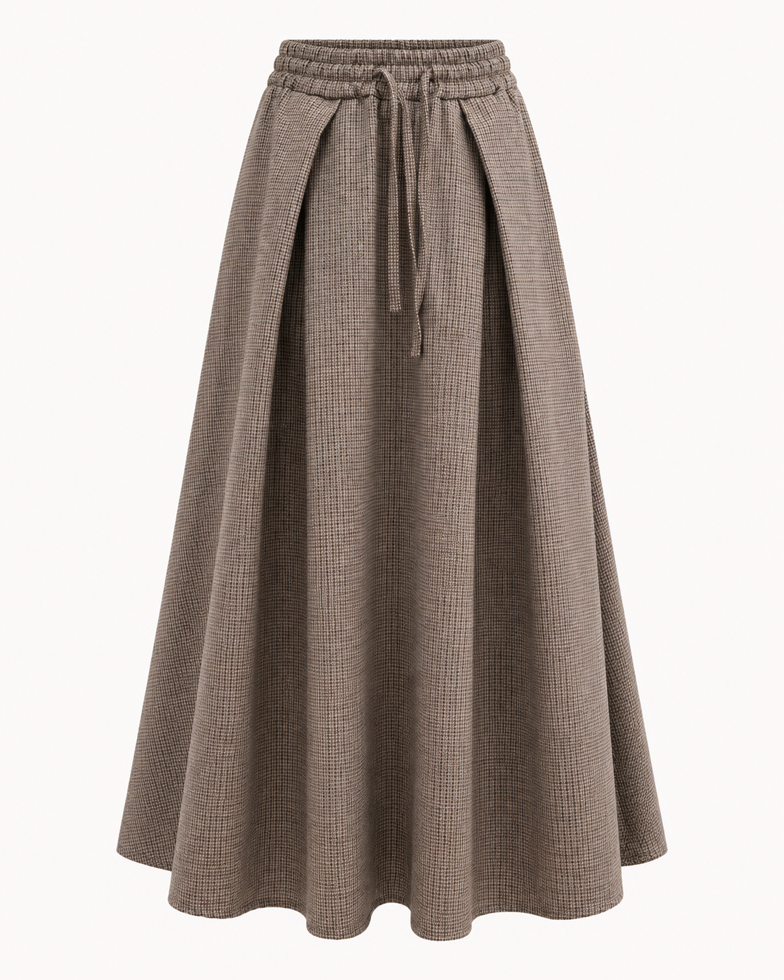 Jupe longue plissée micro-carreaux taupe avec ceinture élastique et cordon – OR SHÉLI