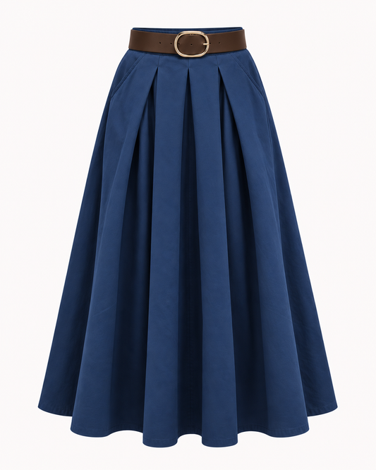 Jupe longue plissée bleu marine avec ceinture marron, coupe évasée maxi – OR SHÉLI