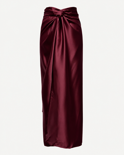 Jupe paréo longue en satin bordeaux avec fente et nœud à nouer – OR SHÉLI