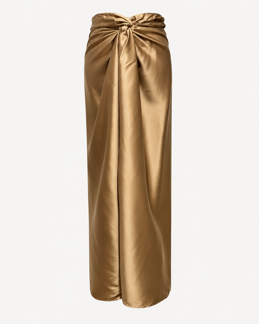 Jupe paréo longue en satin doré champagne avec fente et nœud à nouer – OR SHÉLI