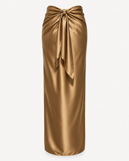 Jupe paréo longue en satin doré champagne avec fente et nœud à nouer - OR SHÉLI