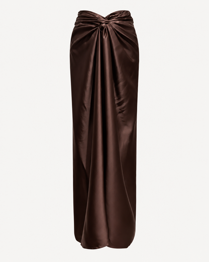 Jupe paréo longue en satin marron avec fente et nœud à nouer – OR SHÉLI