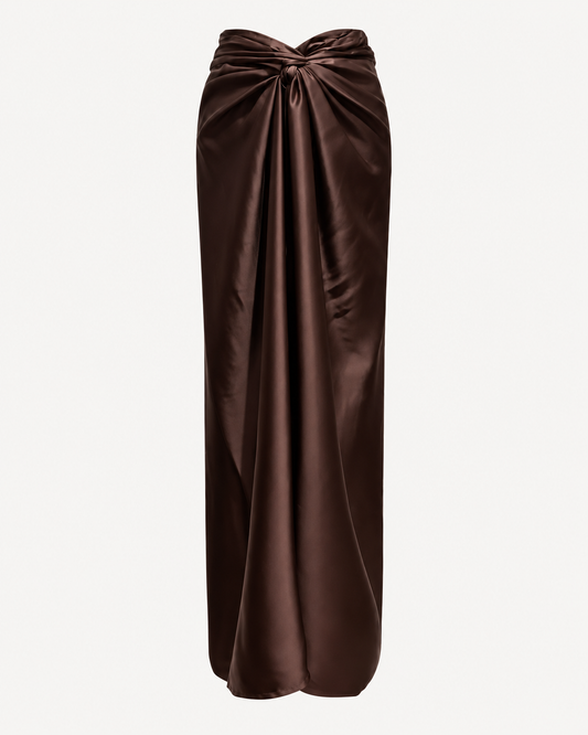 Jupe paréo longue en satin marron avec fente et nœud à nouer – OR SHÉLI