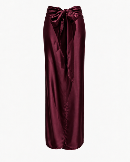 Jupe paréo longue en satin bordeaux avec fente et nœud à nouer - OR SHÉLI