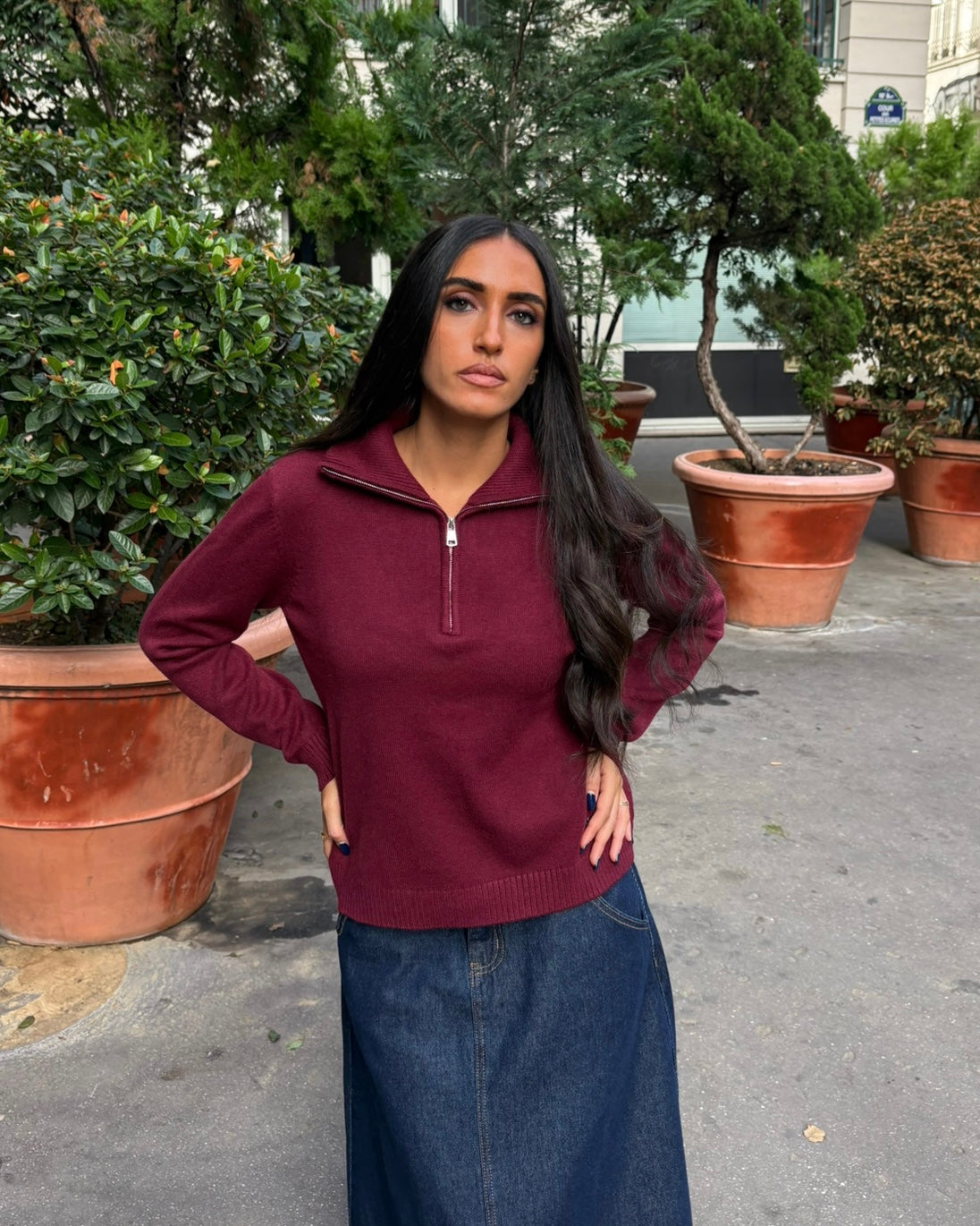 Pull col zippé en maille bordeaux – taille unique – OR SHÉLI