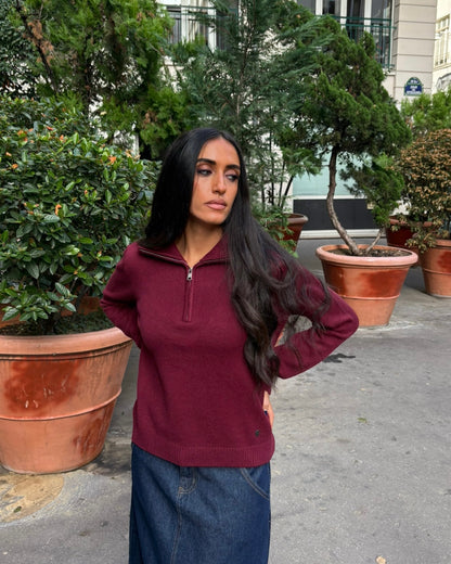 Pull col zippé en maille bordeaux – taille unique – OR SHÉLI