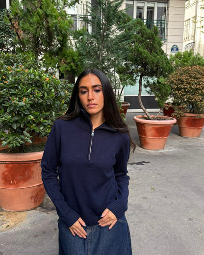 Pull col zippé en maille bleu marine – taille unique – OR SHÉLI