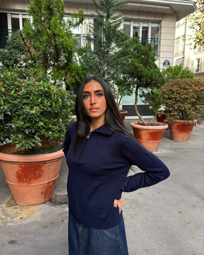 Pull col zippé en maille bleu marine – taille unique – OR SHÉLI