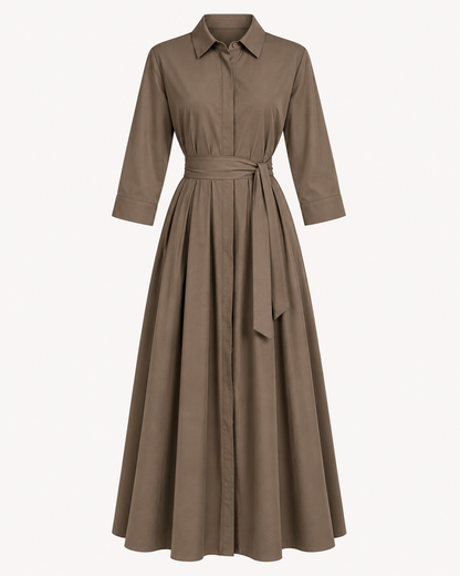 Robe chemise longue taupe manches longues avec poches - OR SHÉLI