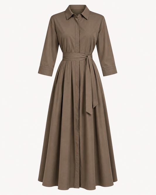 Robe chemise longue taupe manches longues avec poches - OR SHÉLI