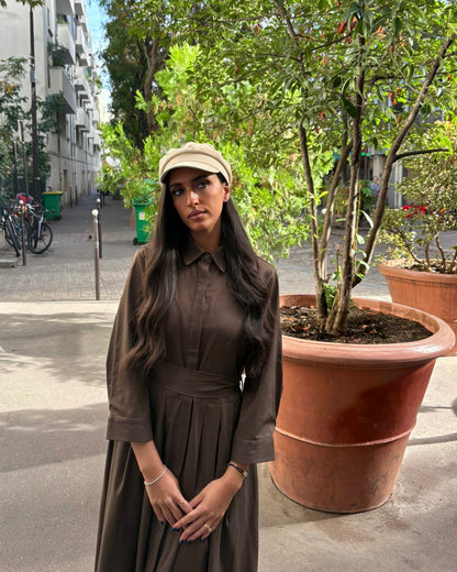 Robe chemise longue taupe manches longues avec poches - OR SHÉLI