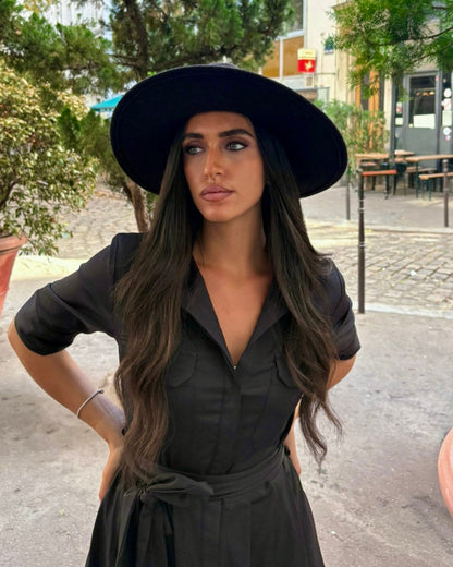 Robe chemise longue boutonnée manches 3/4 avec ceinture à la taille - OR SHÉLI