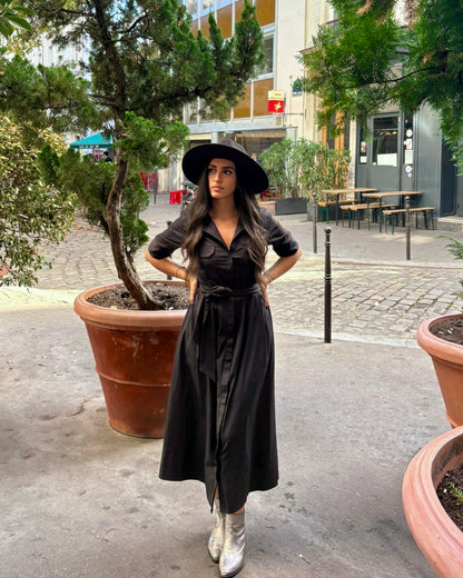 Robe chemise longue boutonnée manches 3/4 avec ceinture à la taille - OR SHÉLI