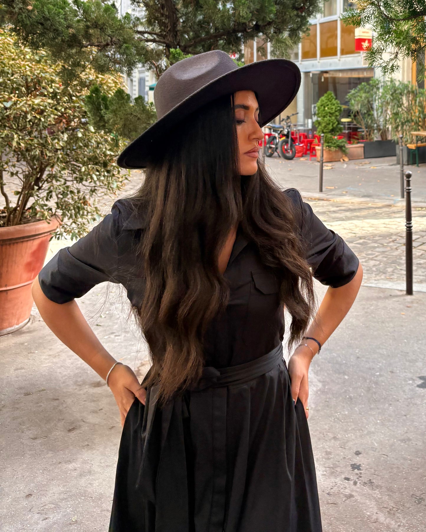 Robe chemise longue boutonnée manches 3/4 avec ceinture à la taille - OR SHÉLI