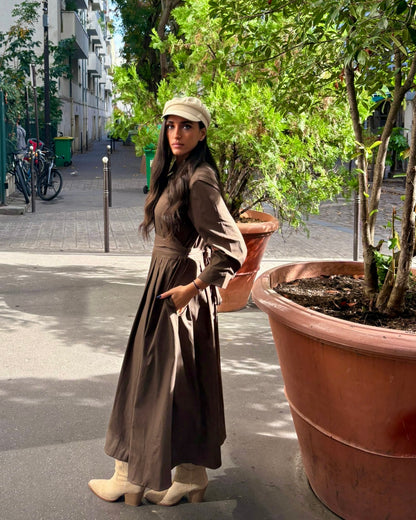 Robe chemise longue taupe manches longues avec poches - OR SHÉLI