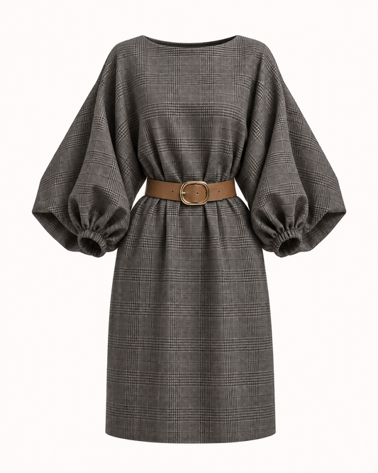 Robe modeste manches bouffantes tissu carreaux Prince de Galles - OR SHÉLI