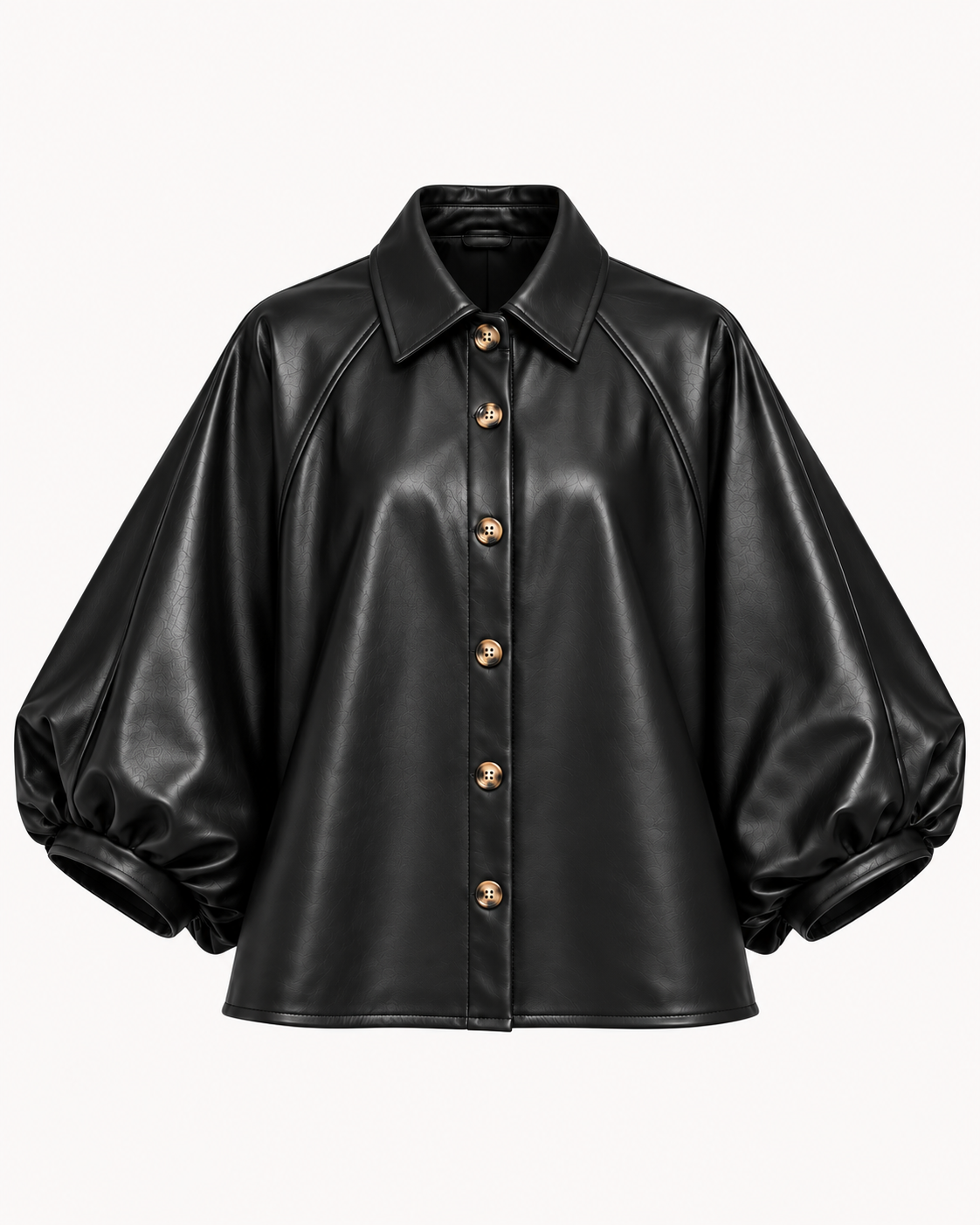 Surchemise similicuir noir manches bouffantes boutonnée, vue de face fermée