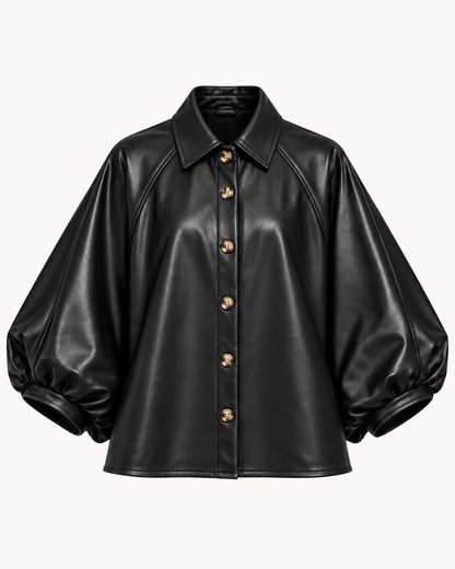 Surchemise similicuir noir manches bouffantes boutonnée, vue de face fermée