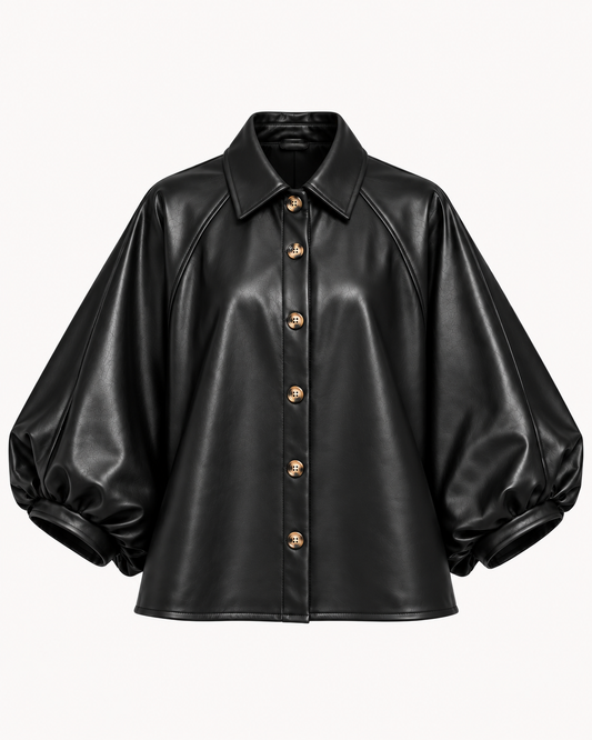 Surchemise similicuir noir manches bouffantes boutonnée, vue de face fermée