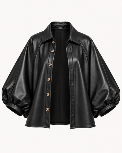 Surchemise similicuir noir manches bouffantes portée ouverte en veste