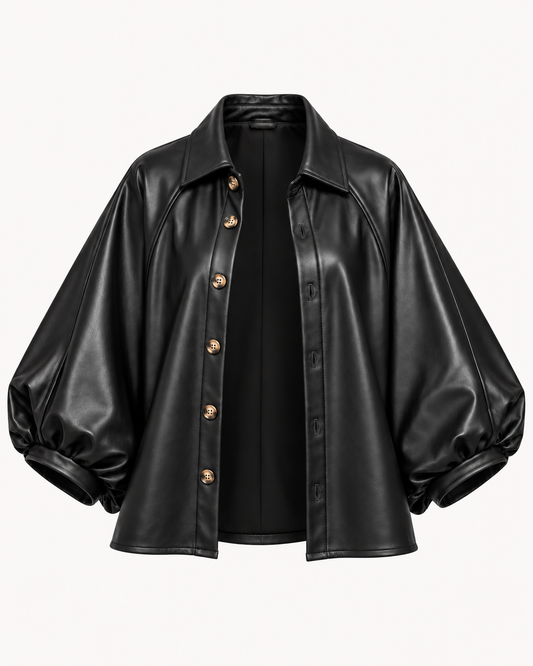 Surchemise similicuir noir manches bouffantes portée ouverte en veste