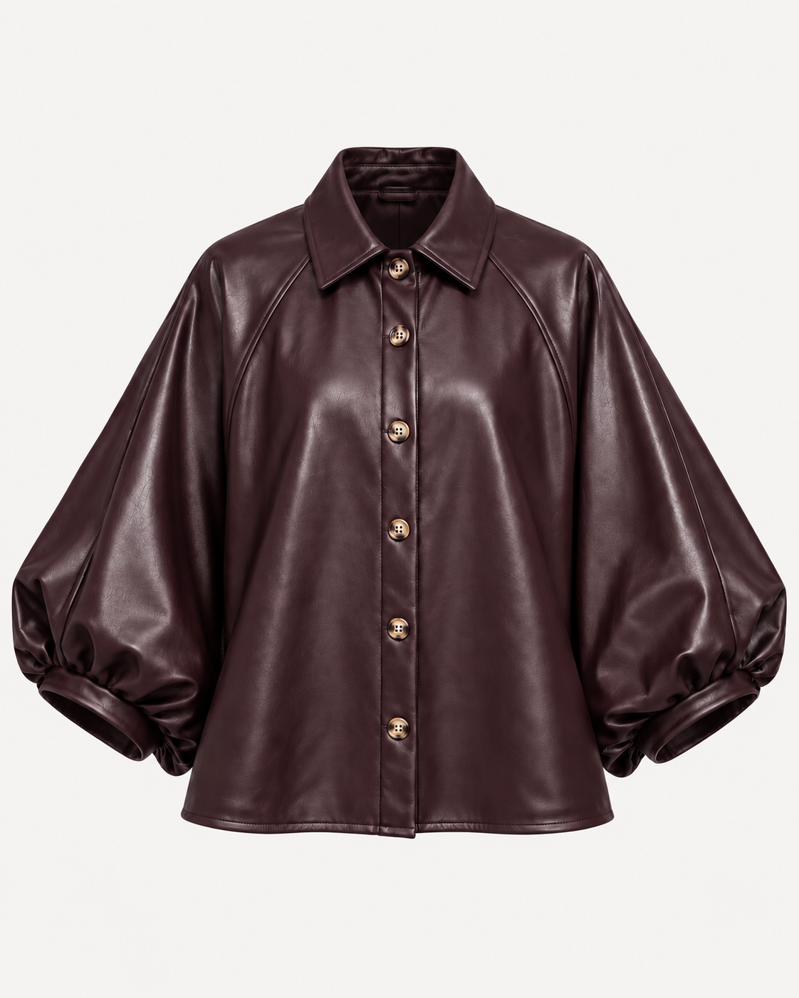 Surchemise similicuir prune manches bouffantes boutonnée, vue de face – OR SHÉLI