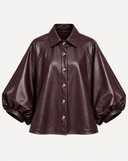 Surchemise similicuir prune manches bouffantes boutonnée, vue de face – OR SHÉLI