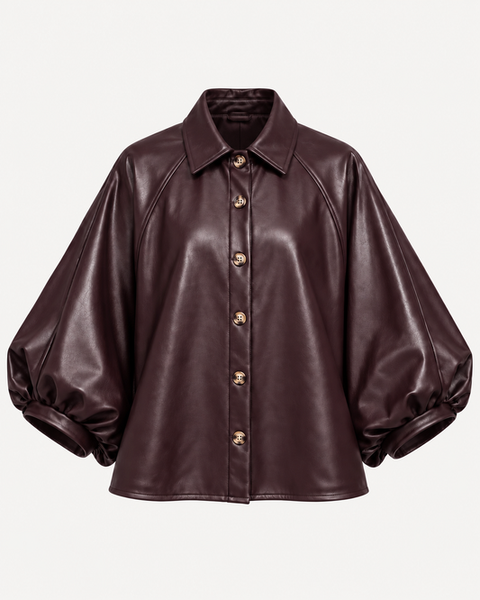 Surchemise similicuir prune manches bouffantes boutonnée, vue de face – OR SHÉLI