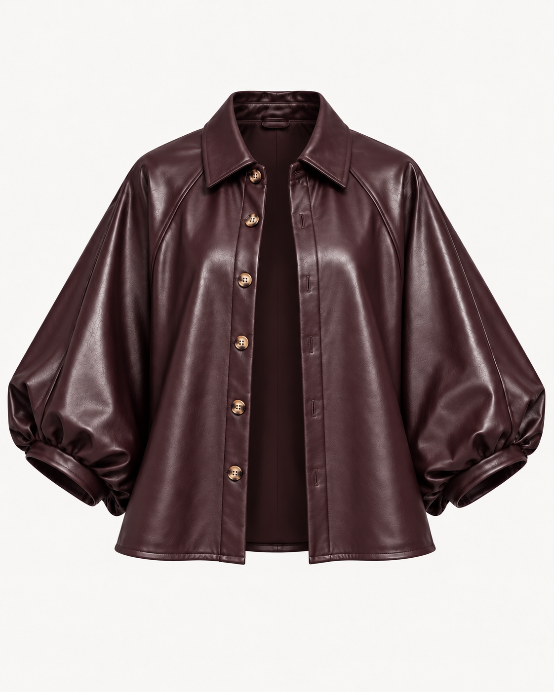 Surchemise similicuir prune manches bouffantes portée ouverte en veste – OR SHÉLI