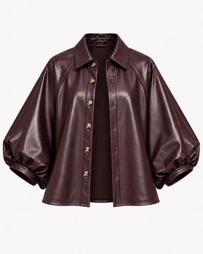Surchemise similicuir prune manches bouffantes portée ouverte en veste – OR SHÉLI
