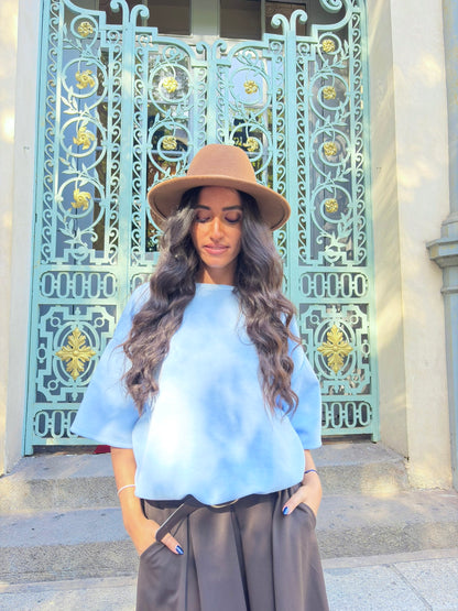Tee-shirt ballon uni bleu ciel pastel effet blousant manches longues - OR SHÉLI