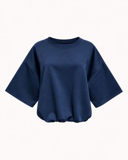 Tee-shirt ballon uni bleu marine effet blousant manches coudes