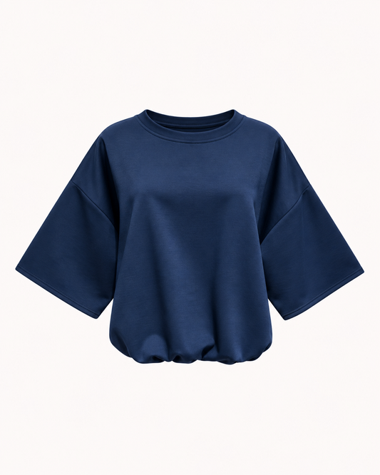 Tee-shirt ballon uni bleu marine effet blousant manches coudes