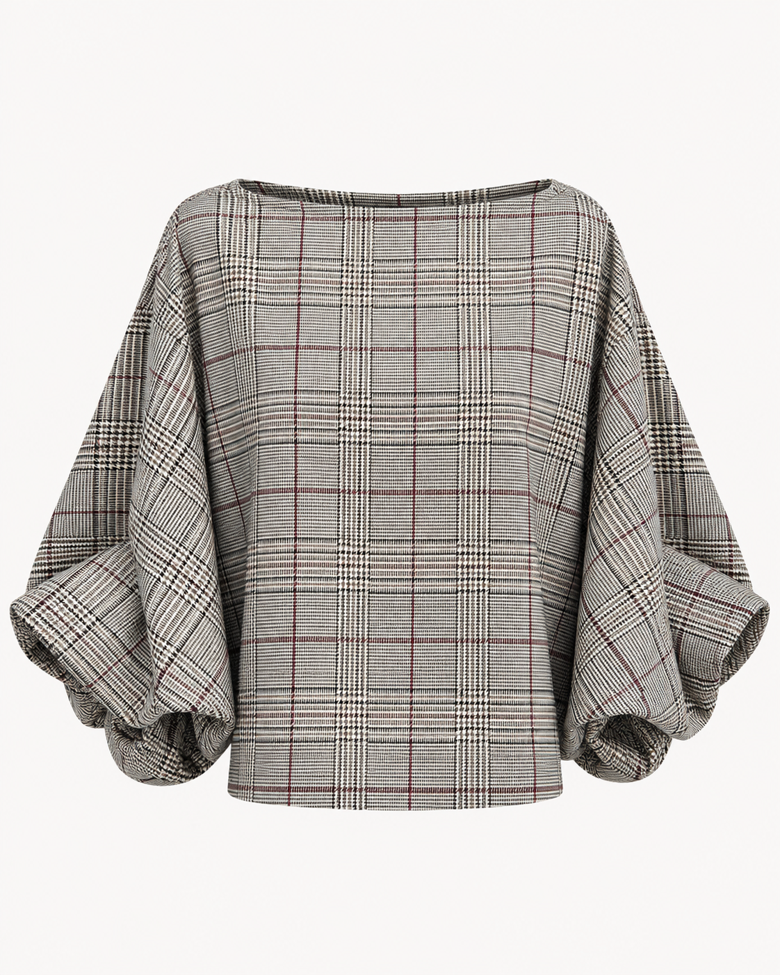 Top manches bouffantes carreaux prince-de-galles gris avec fils bordeaux, col bateau, coupe droite