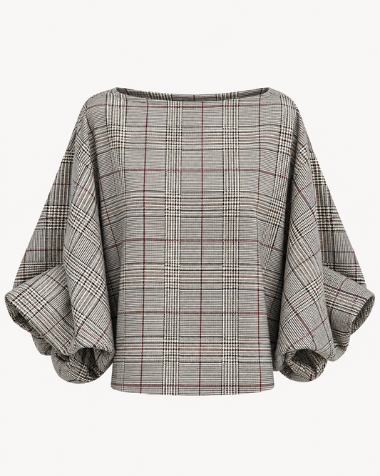 Top manches bouffantes carreaux prince-de-galles gris avec fils bordeaux, col bateau, coupe droite