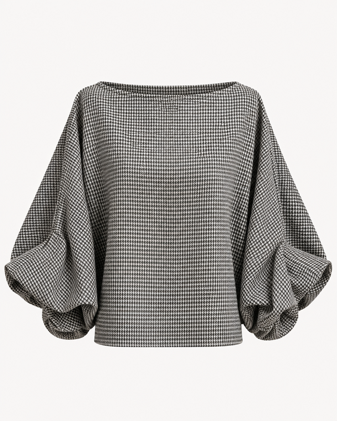 Top manches bouffantes motif pied-de-poule noir et blanc, col bateau, coupe droite