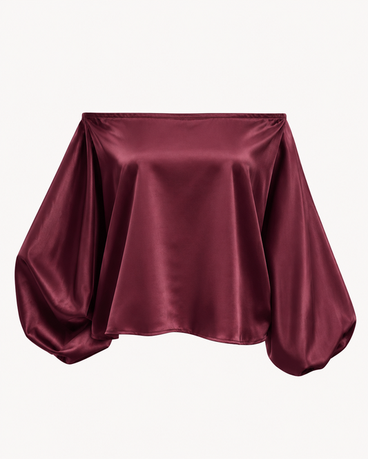 Top satiné bordeaux manches bouffantes encolure bardot OR SHÉLI