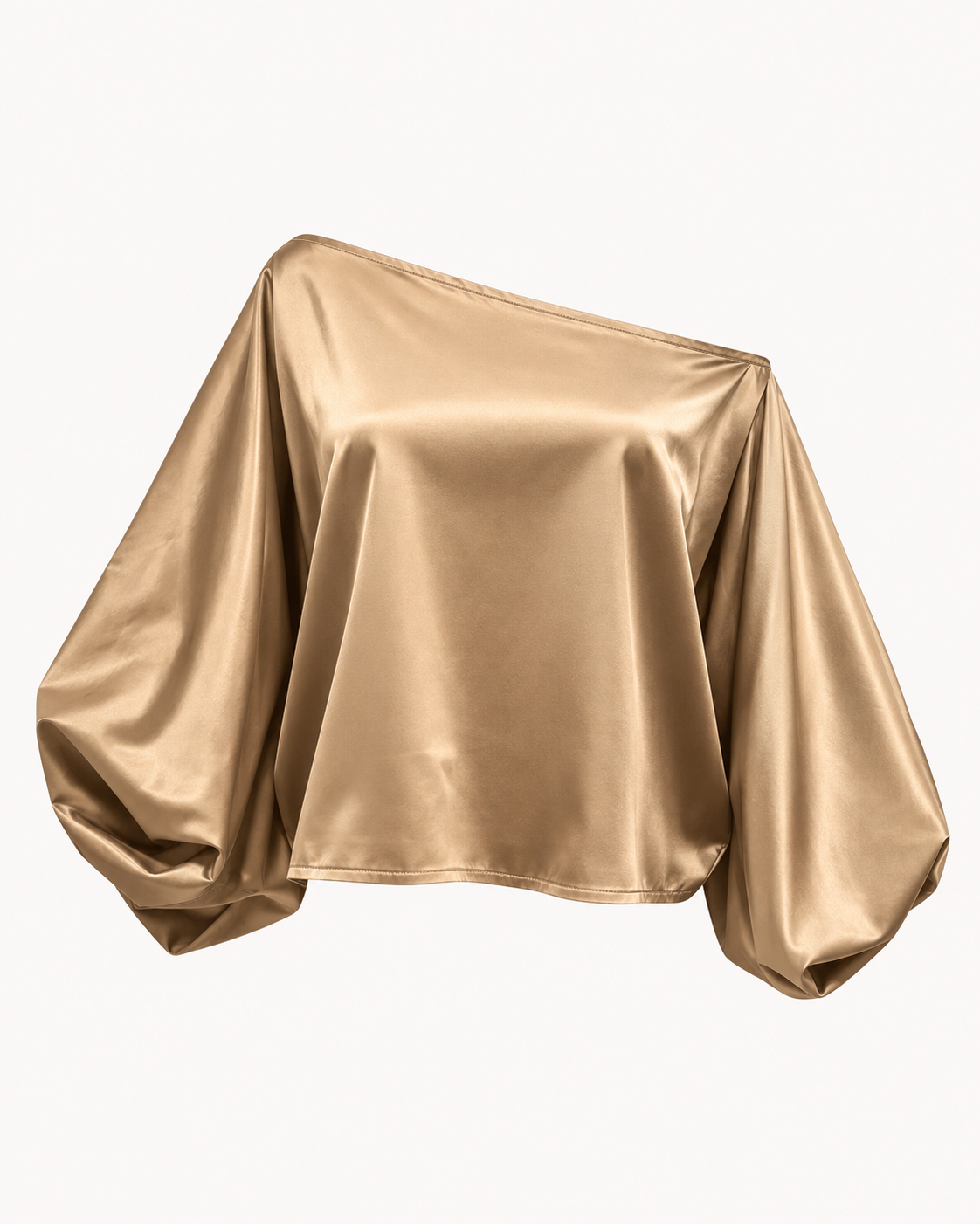 Top satiné champagne doré manches bouffantes encolure une épaule OR SHÉLI